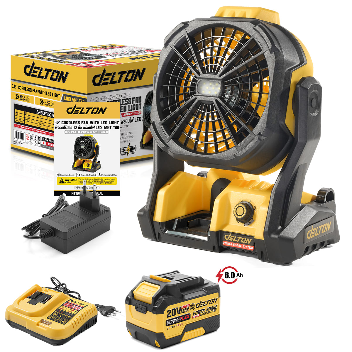 พัดลมไร้สาย 12 นิ้ว (พร้อมแบตเตอรี่) DELTON รุ่น MKT-T66  ULTRAFLEX 20V 6AH_1